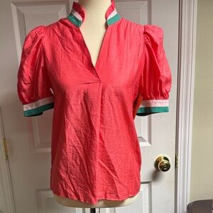 Coral Puff-Sleeve Women’s Top with Contrast Trim